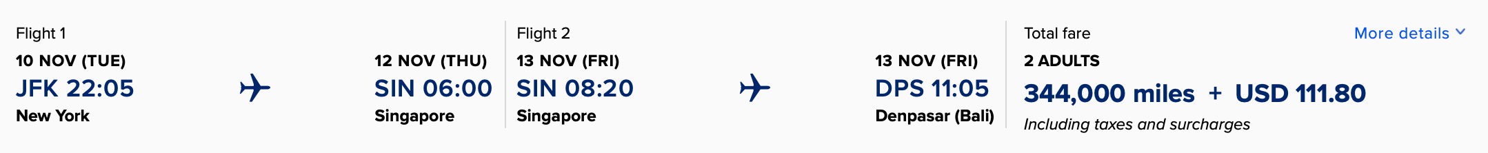 Singapore Airlines award ticket with a stopover