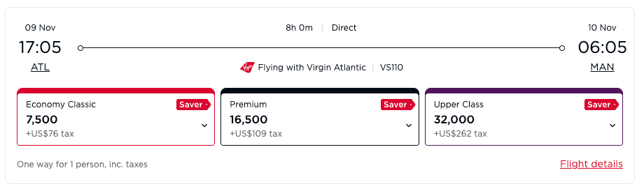 Virgin Atlantic Award Flight ATL MAN