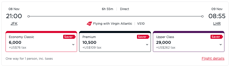 Virgin Atlantic Award Flight JFK LHR