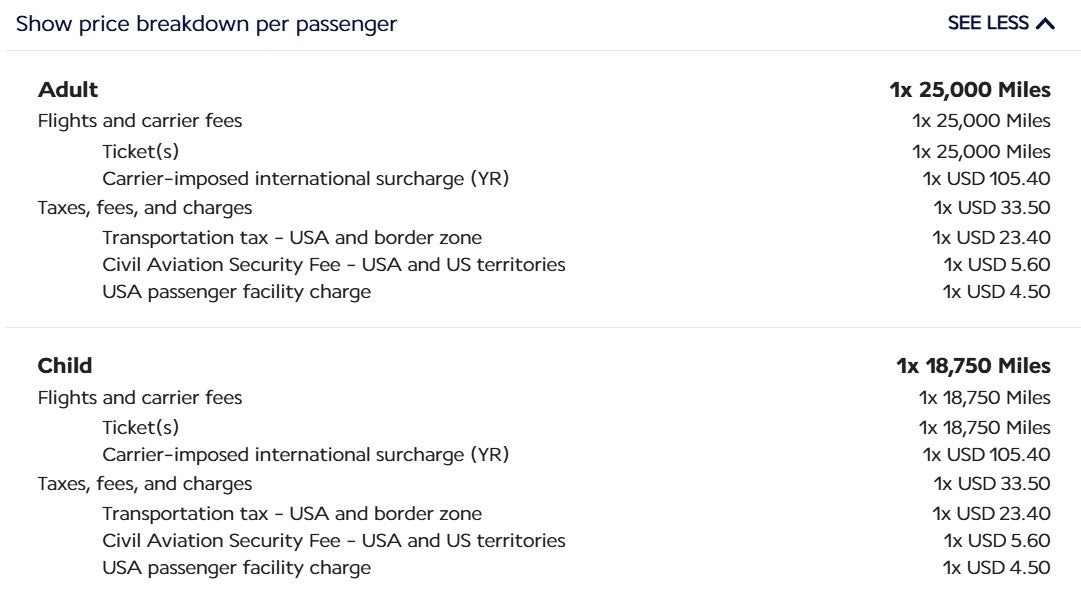 Air France award ticket cost breakdown showing child discount