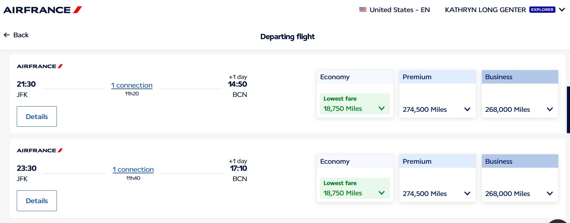 Economy transatlantic award through Air France-KLM Flying Blue