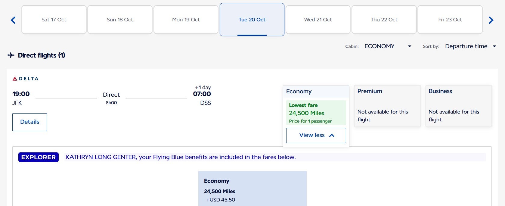 Flying Blue award option between JFK and Dakar