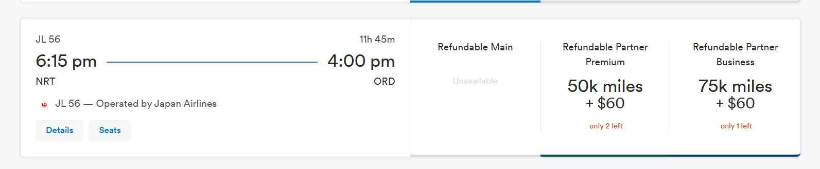Alaska JAL NRT-ORD miles