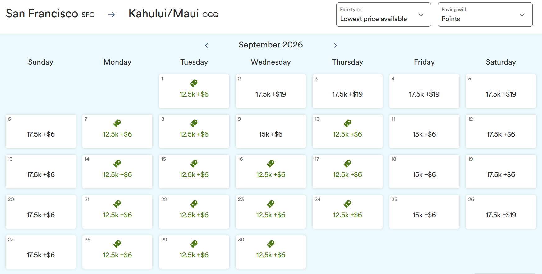 Alaska SFO-OGG points calendar Sept 2026