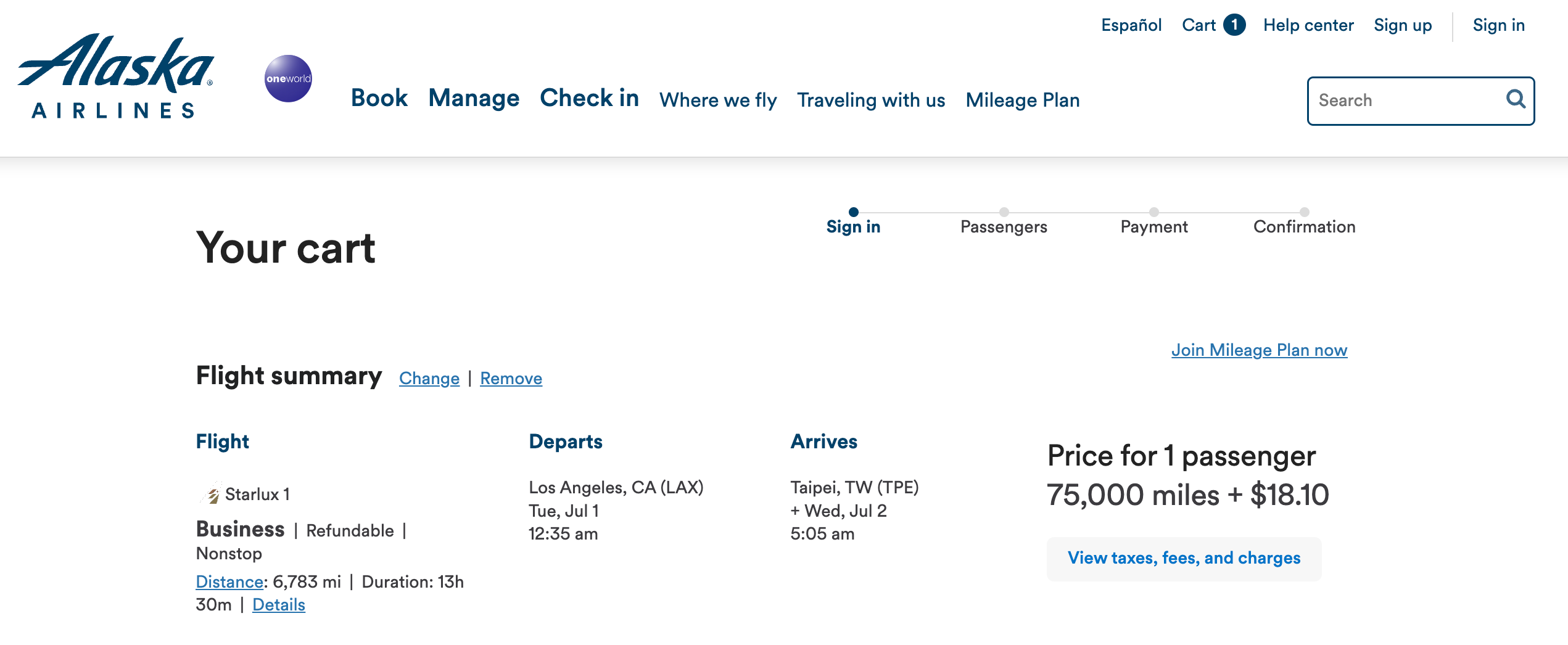 Alaska Starlux LAX-TPE miles