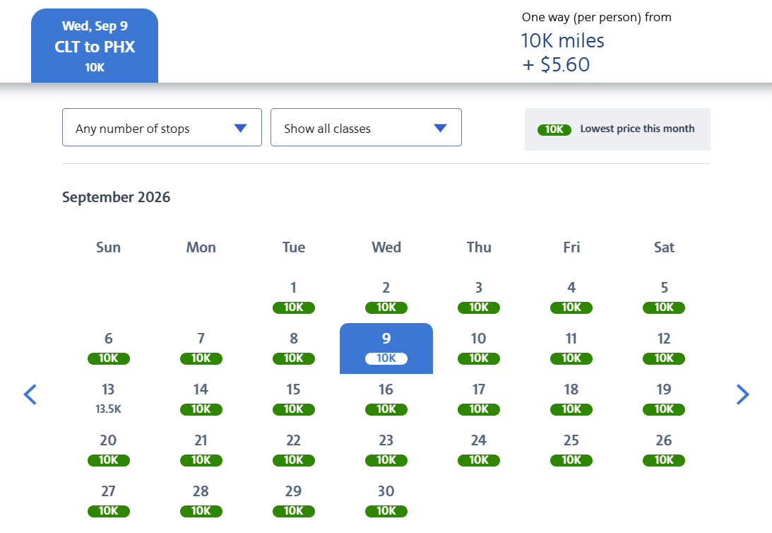 American CLT-PHX points calendar Sept 2026