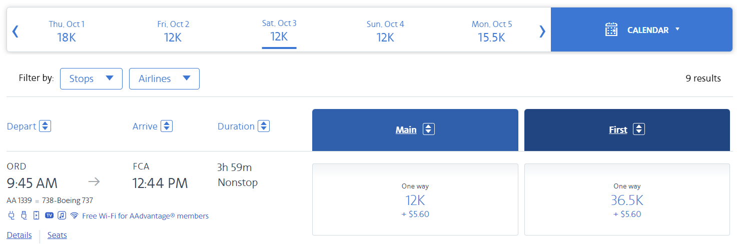 American ORD-FCA points fares Oct 3