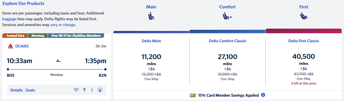 Delta BOS-BZN miles fares Sept 5