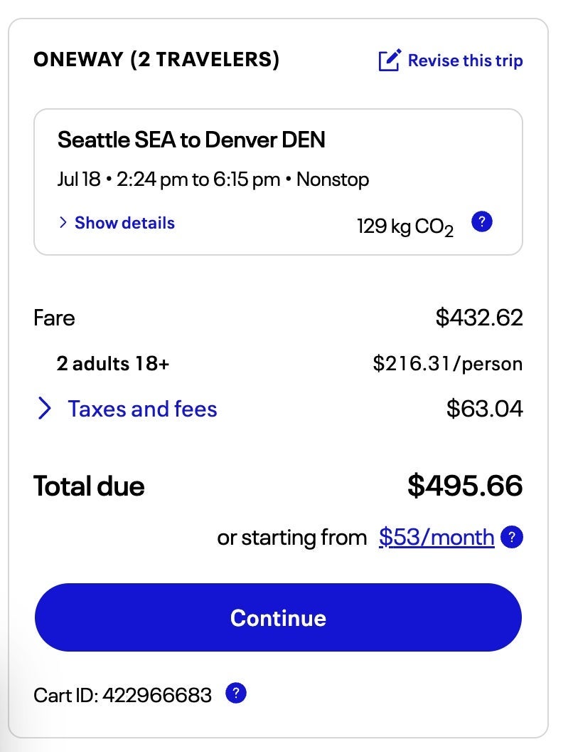 Airfare for flight from Seattle to Denver.