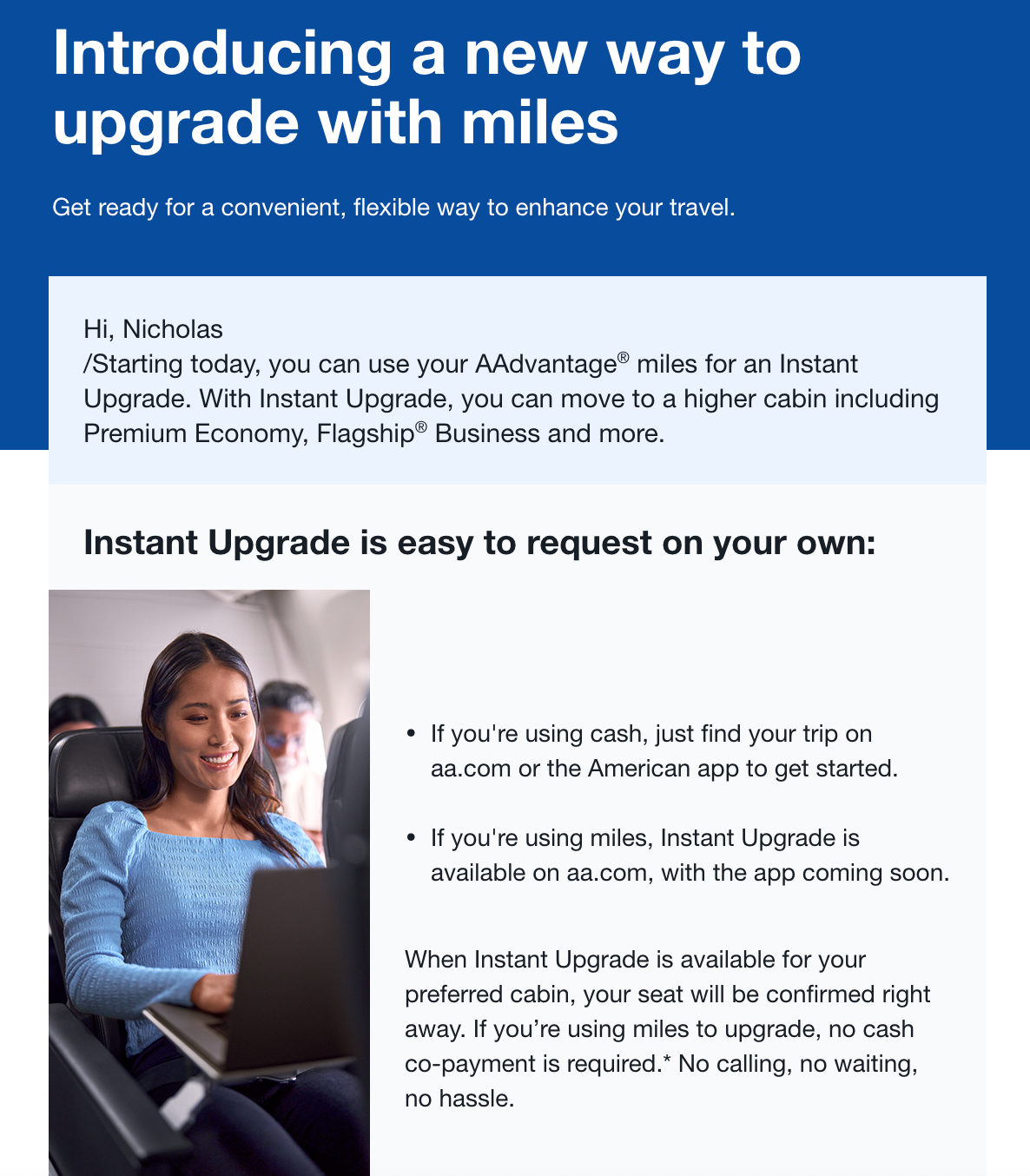 Instant Upgrade email from American Airlines.