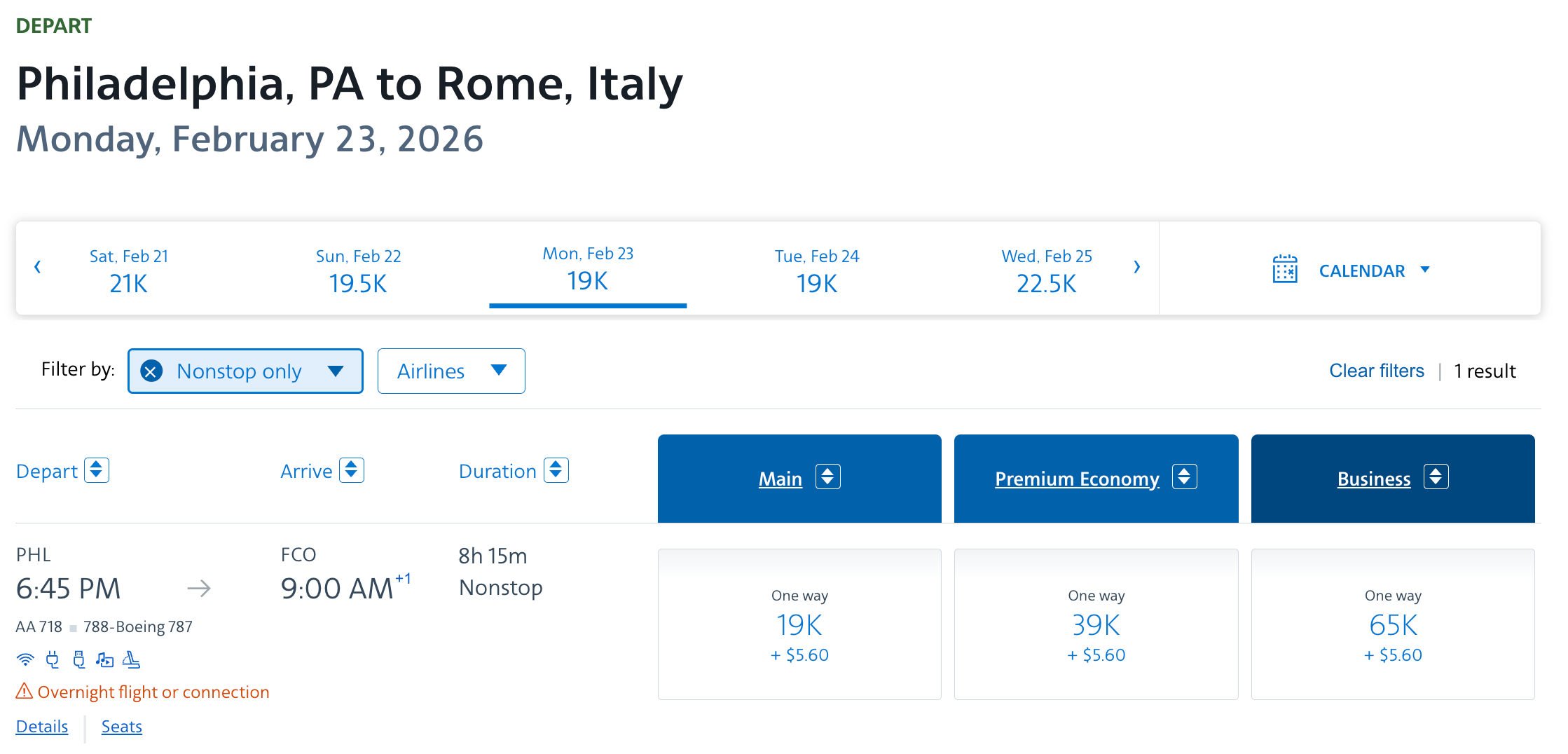 Philadelphia to Rome American Award Ticket