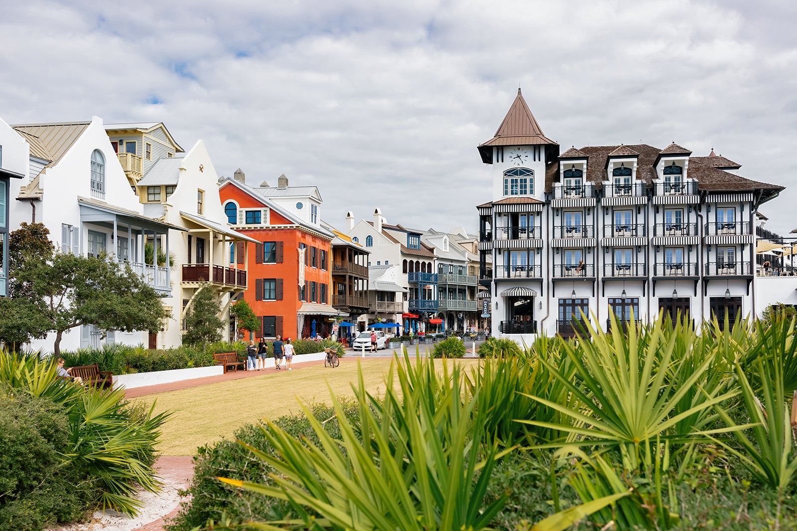 View of the Pearl hotel and the colorful houses of the town center of Rosemary Beach, an upscale neighborhood along 30A