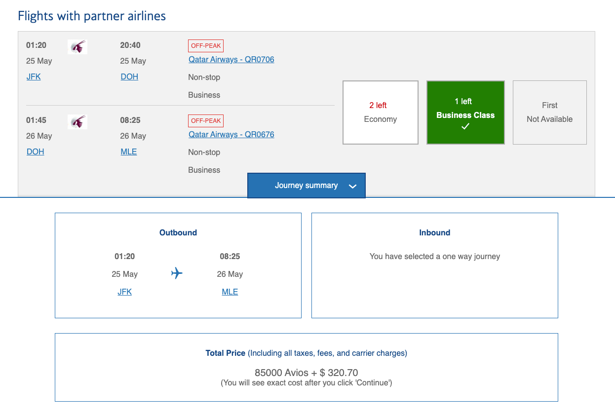 A screen shot of Qatar Qsuite award availability with British Airways Avios