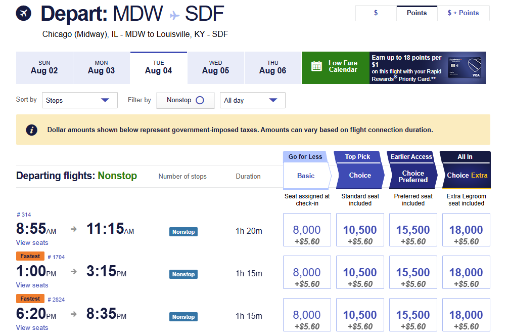 Southwest MDW-SDF points fares Aug 4