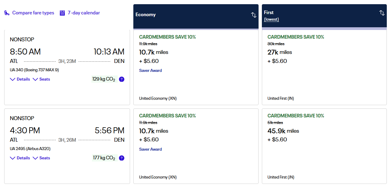 United ATL-DEN miles fares Sept 12