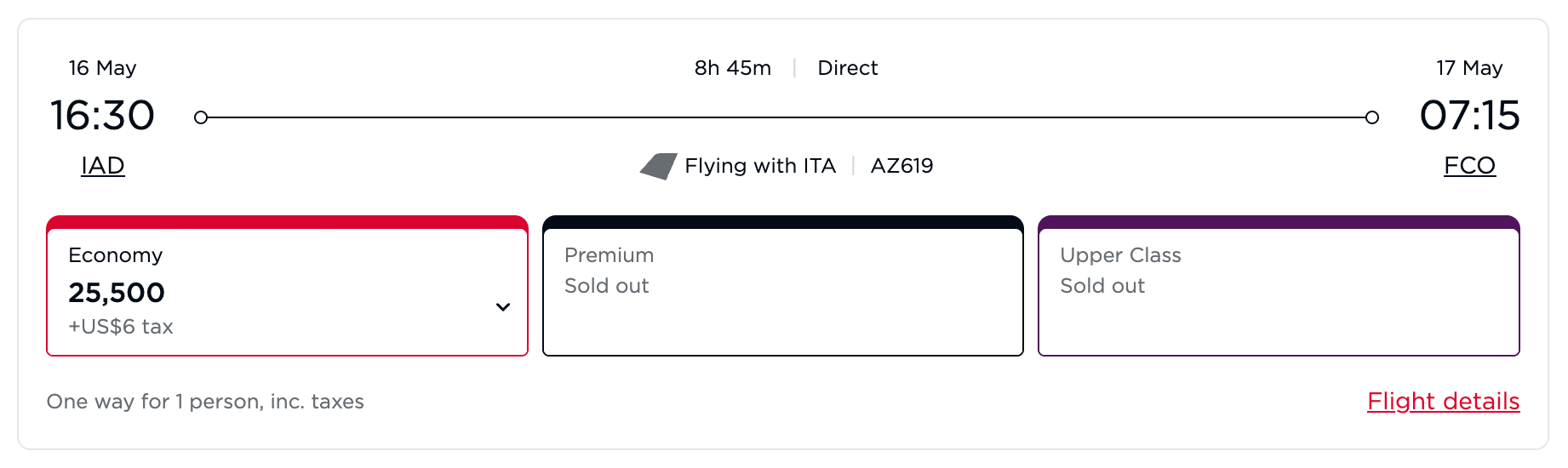 Virgin Atlantic Award Flight from DC to Rome