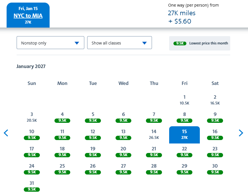 American AAdvantage award pricing on a calendar