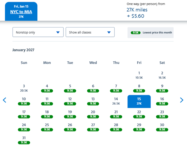 American AAdvantage award pricing on a calendar
