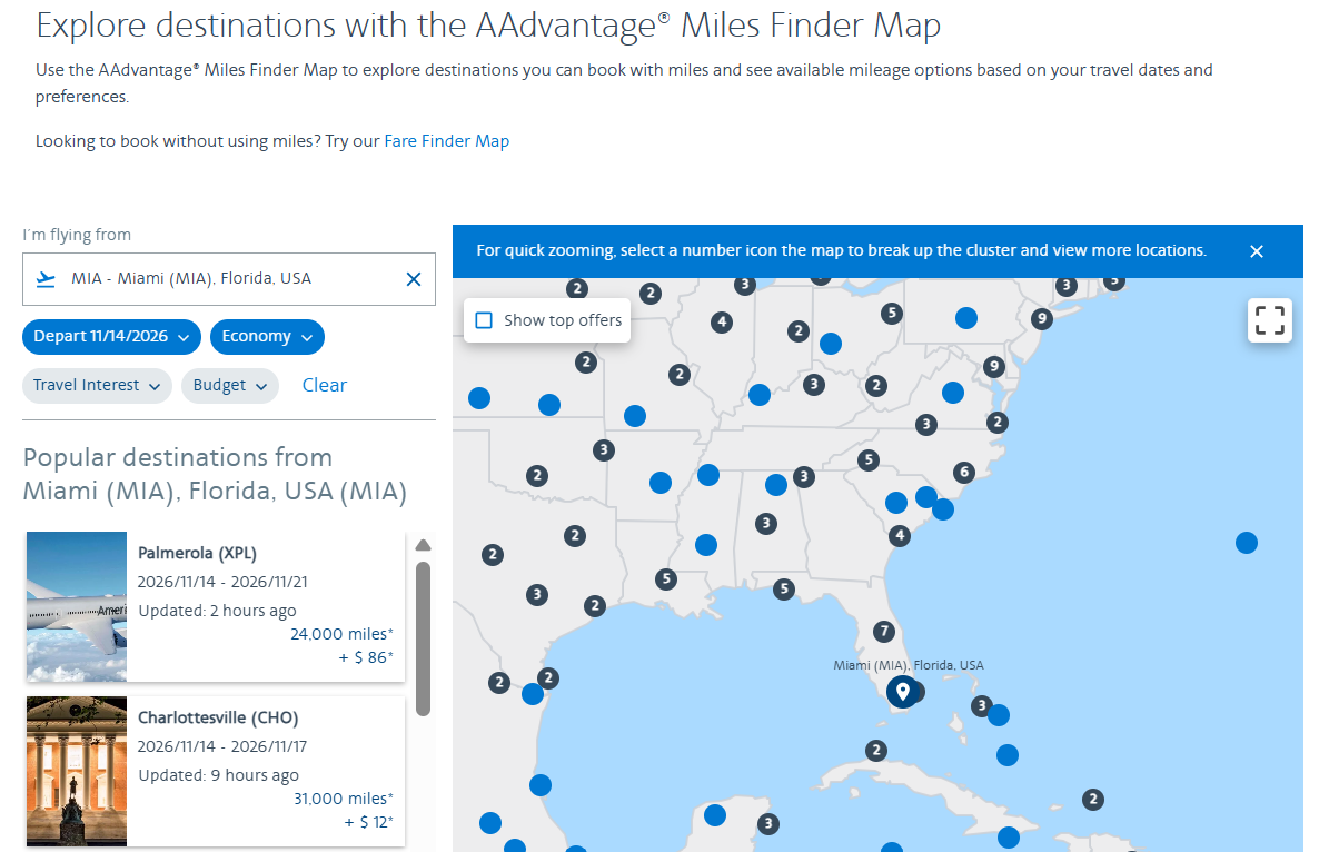 American AAdvantage award flight map