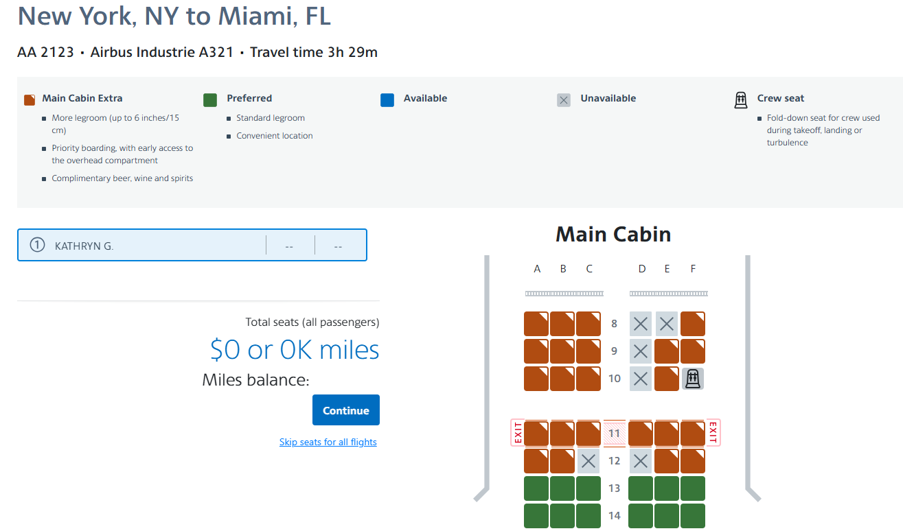 Selecting seats on an American Airlines flight