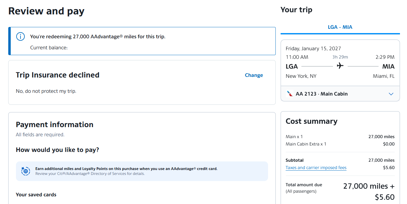 Booking an American AAdvantage award flight