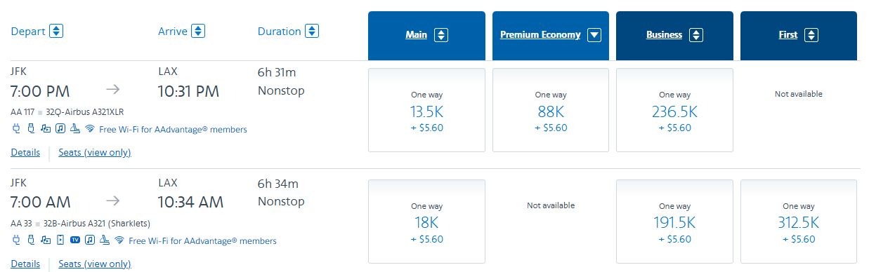 Four cabins bookable with miles on American Airlines