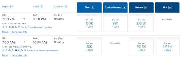 Four cabins bookable with miles on American Airlines