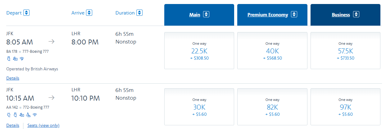 Award options bookable through American AAdvantage