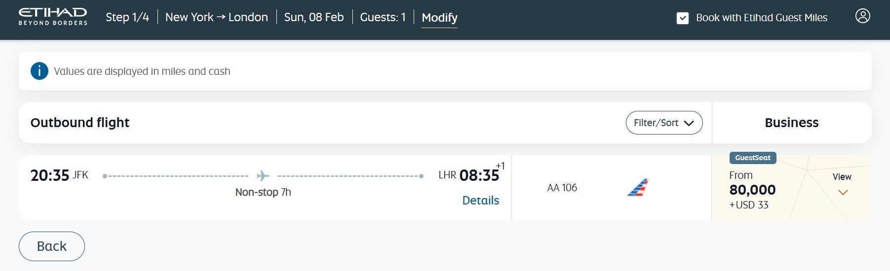 Booking an American Airlines business class flight through Etihad Guest
