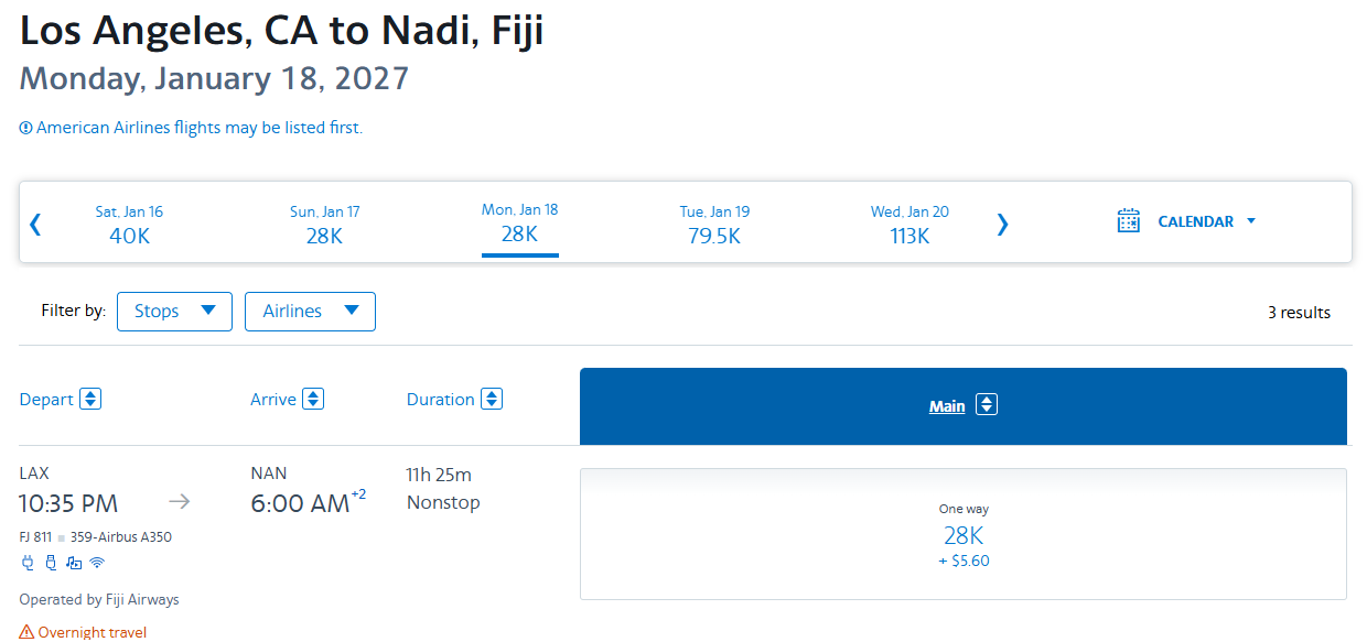 AAdvantage award options between Los Angeles and Fiji