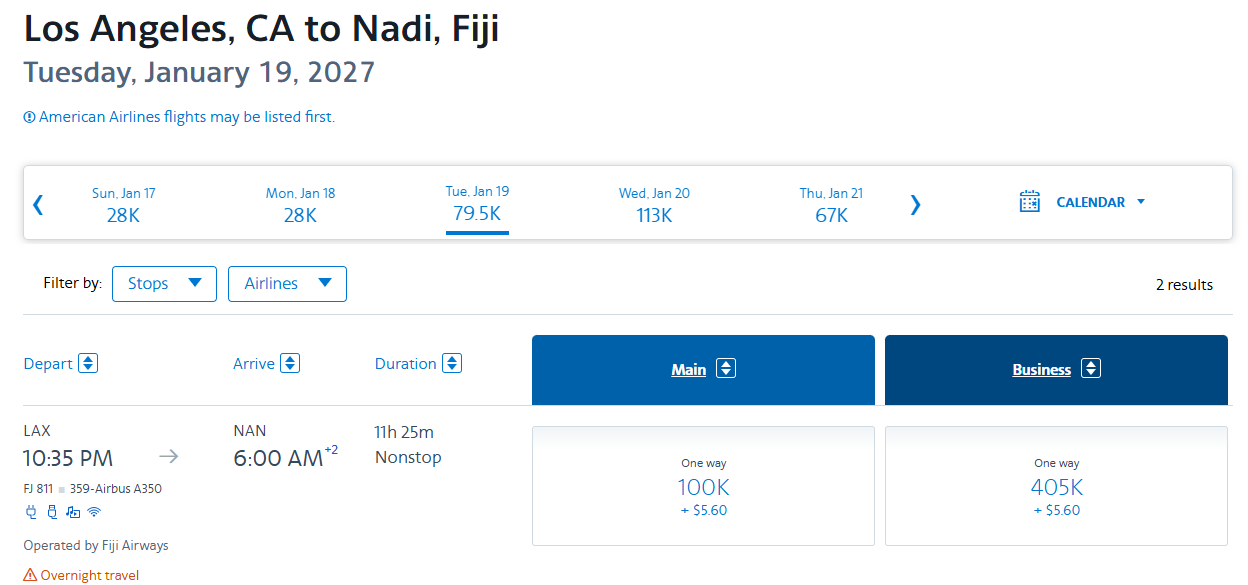 AAdvantage award options between Los Angeles and Fiji