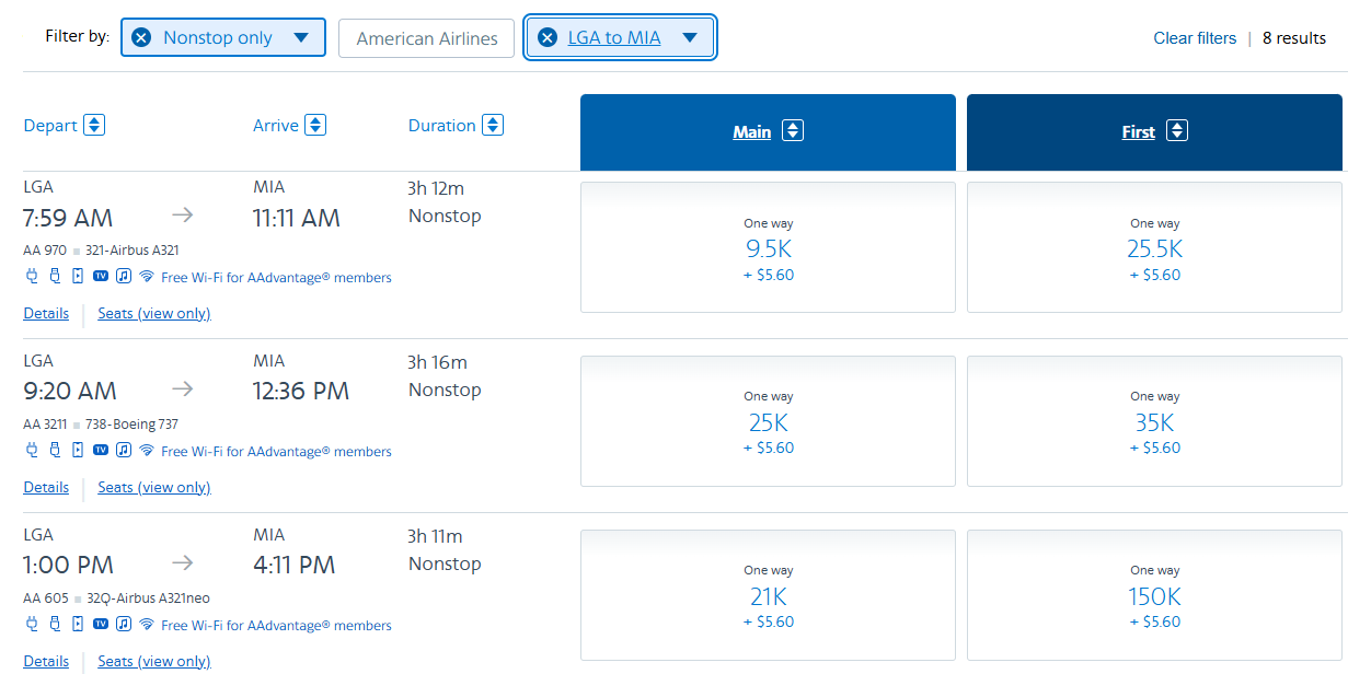 AAdvantage award options between New York and Miami