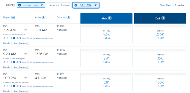 AAdvantage award options between New York and Miami