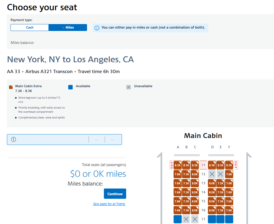 Redeem American miles for seat selection