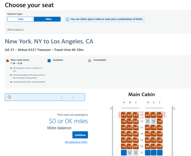 Redeem American miles for seat selection