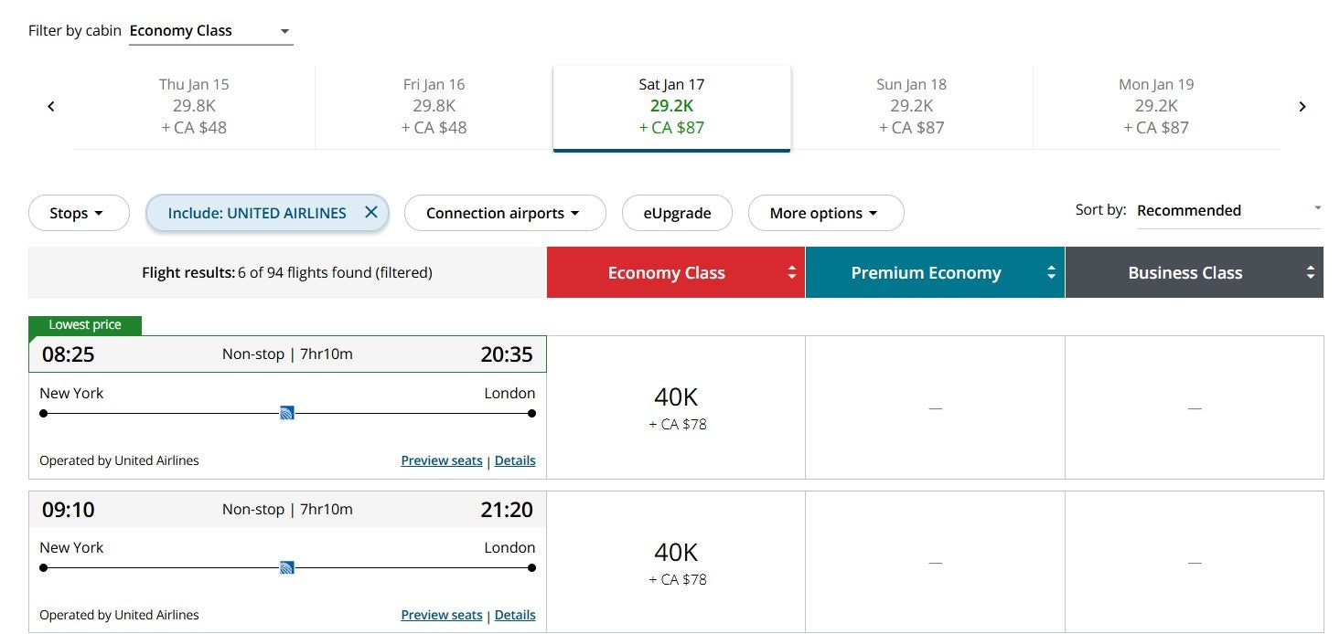 Redeeming Aeroplan points for a United operated flight