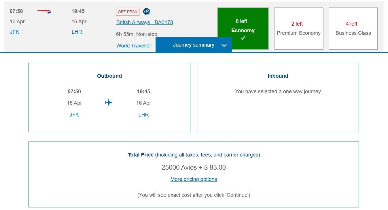 Booking a British Airways economy flight to London with Avios