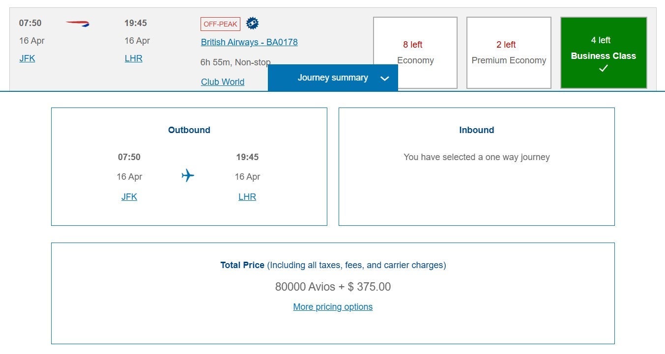 Booking a British Airways business class flight to London with Avios