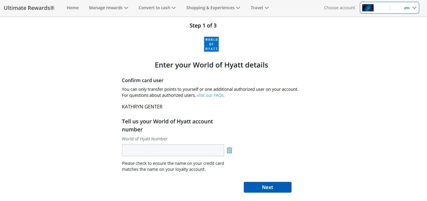 Transferring Chase points to Hyatt