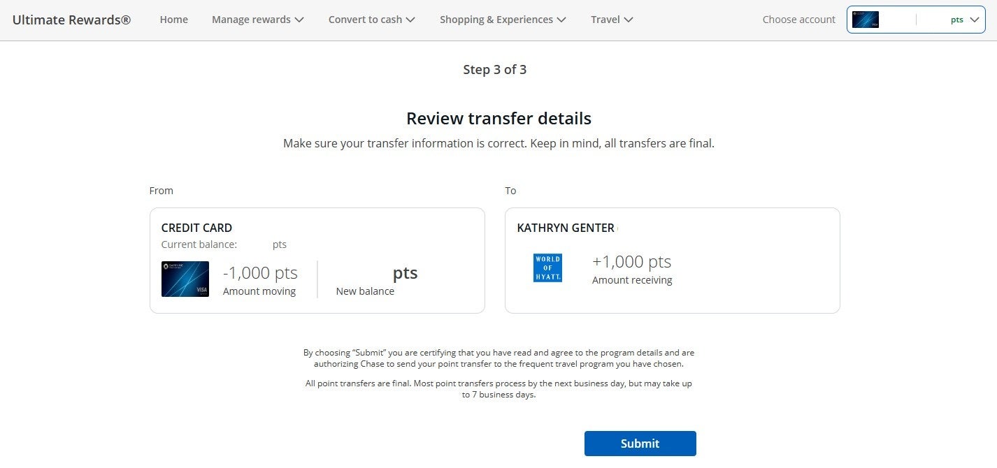 Transferring Chase points to Hyatt