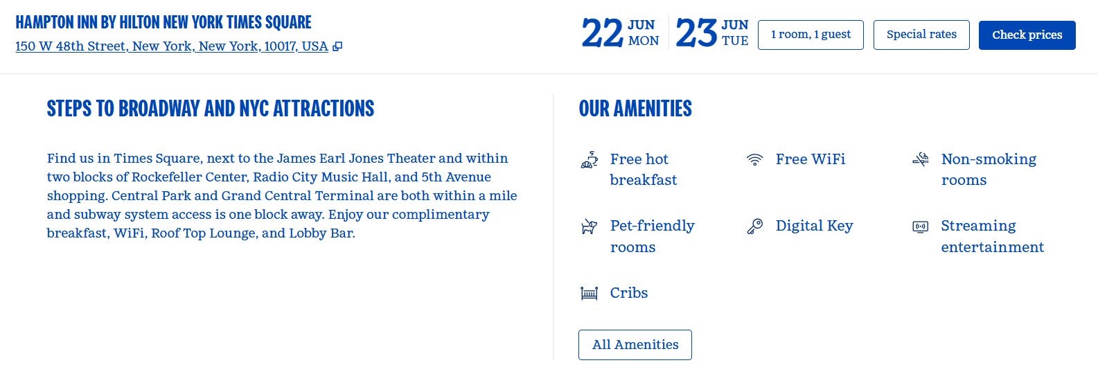Breakfast is listed as an amenity at this Hampton by Hilton