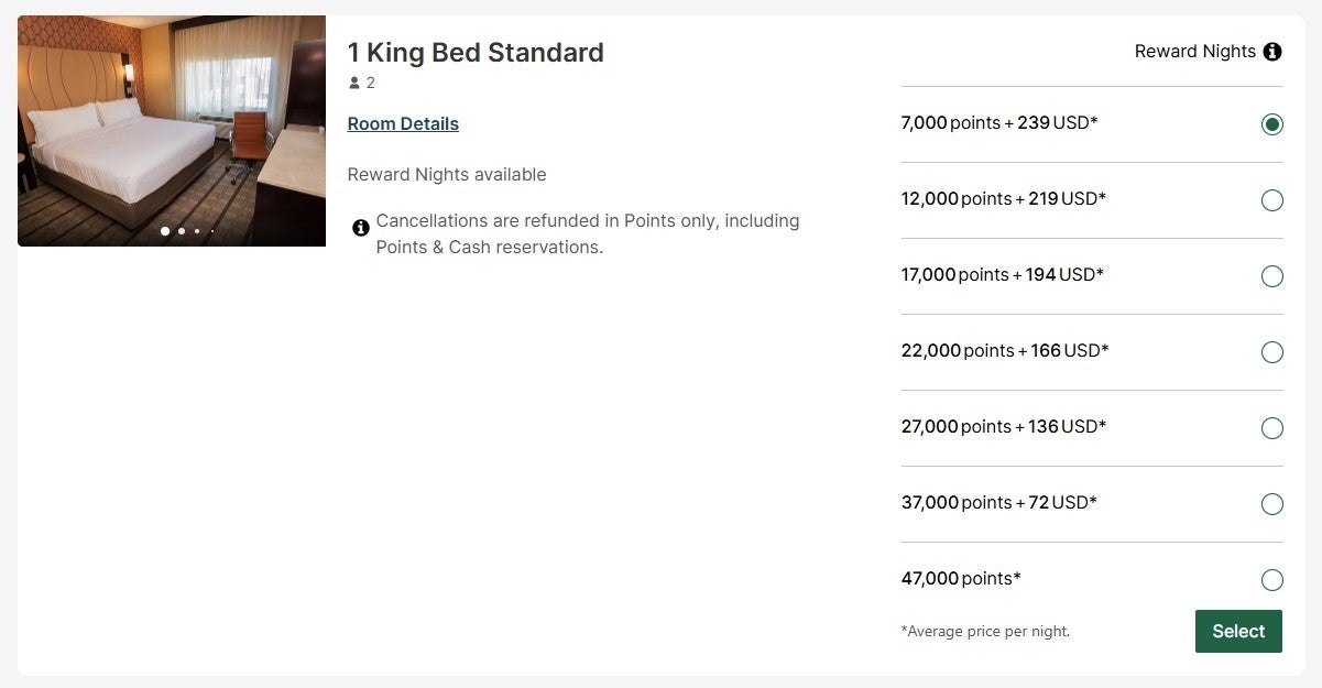 IHG points and cash rates for a one-night stay