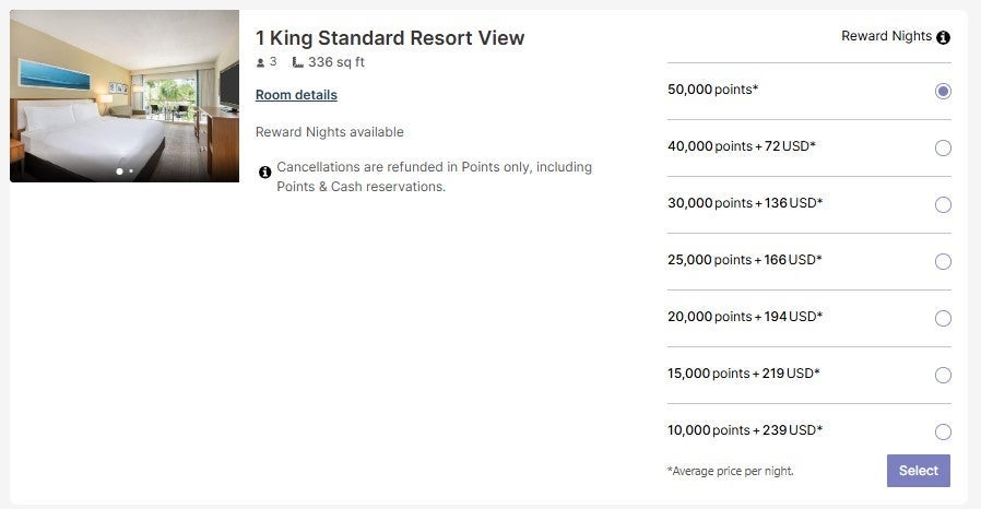 Different points cost based on room type for IHG award stay