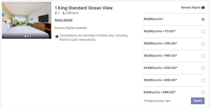 Different points cost based on room type for IHG award stay