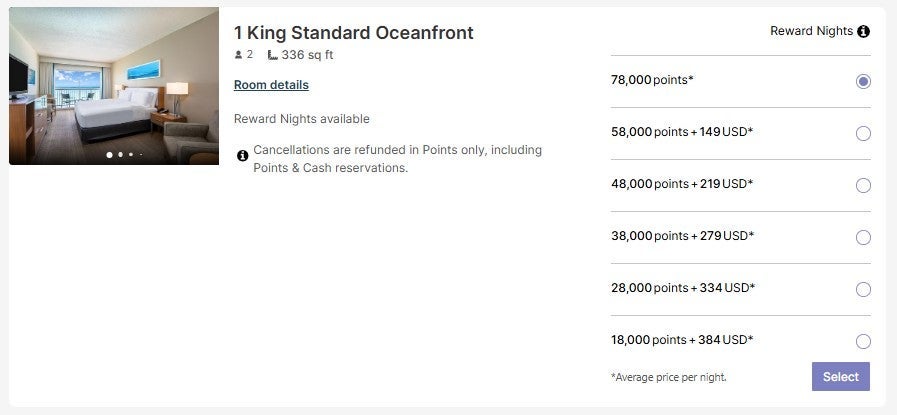 Different points cost based on room type for IHG award stay
