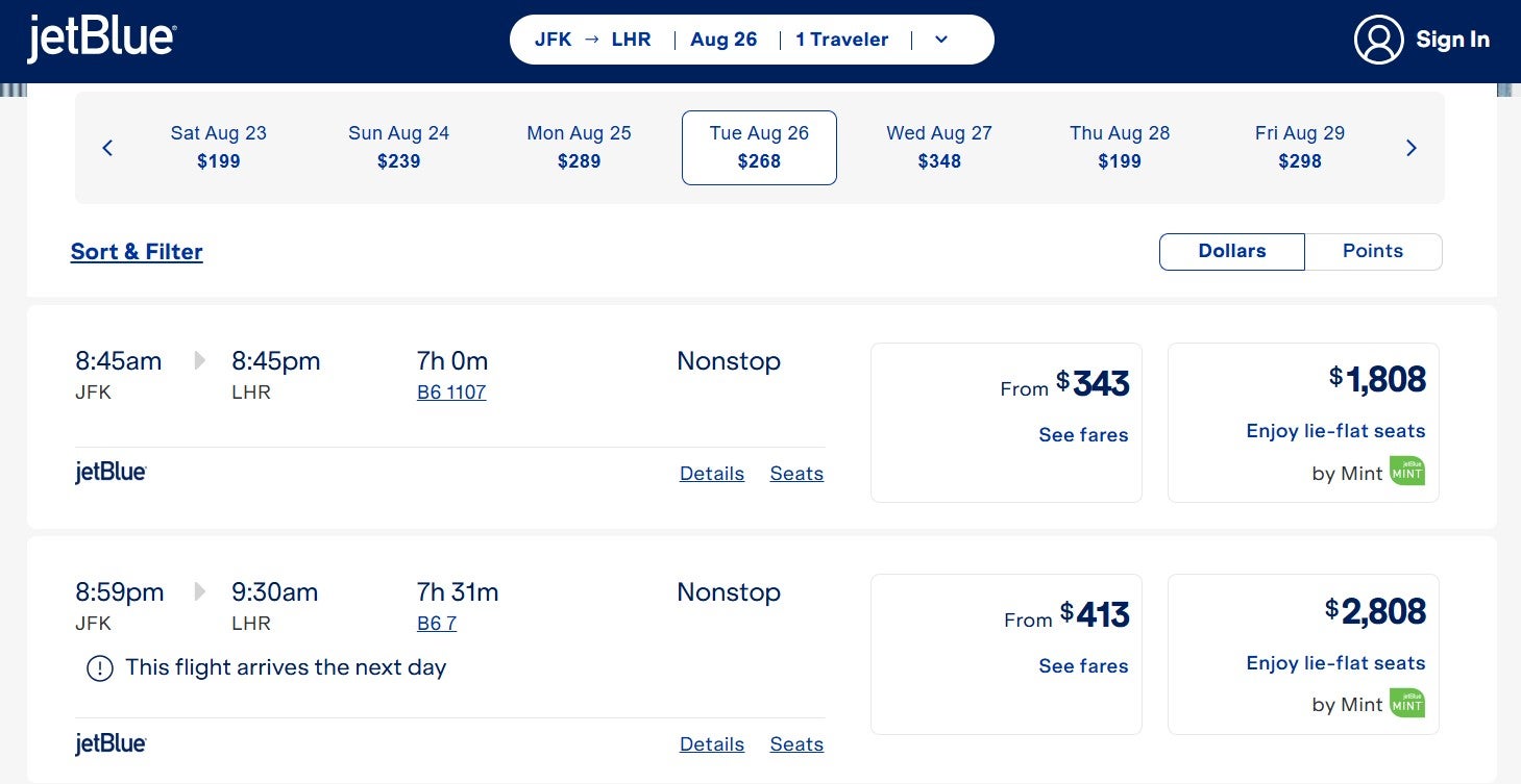 Booking a JetBlue transatlantic flight
