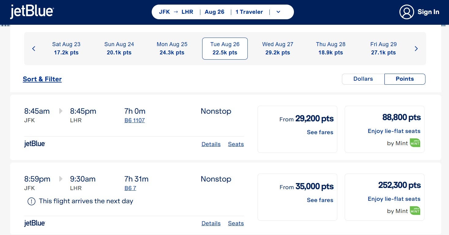 Booking a JetBlue transatlantic flight