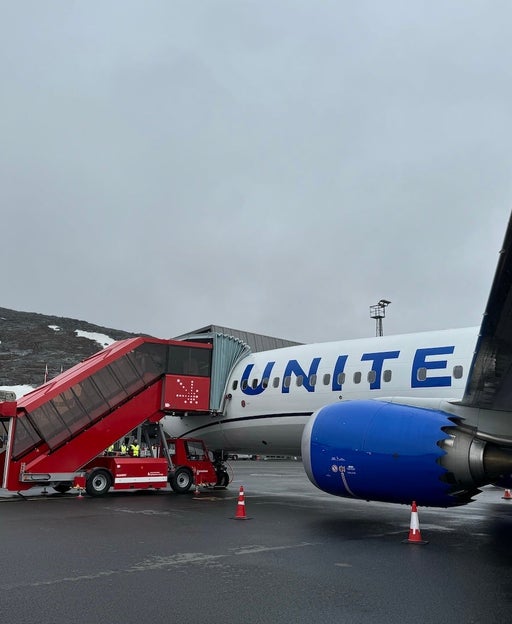 A United Airlines Boeing 737 MAX 8 in Nuuk, Greenland.