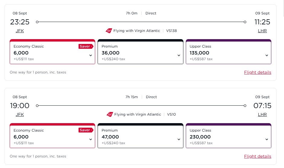 Booking a Virgin Atlantic award flight