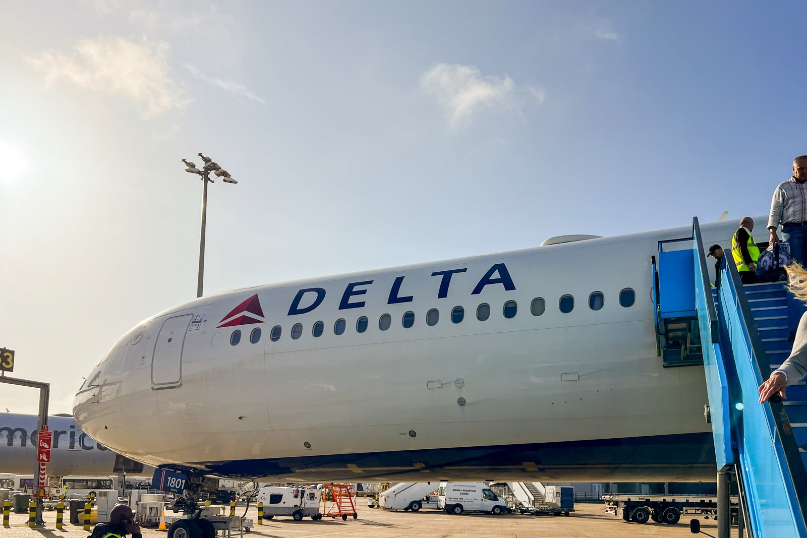 Delta jet on an airport tarmac.